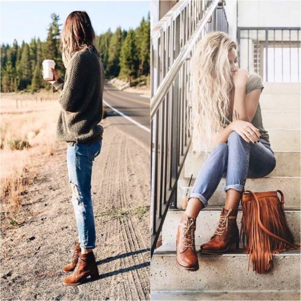 Frye Sabrina 6G Tan Suede/Leather Lace Up Wood Heeled Combat Moto Ankle Booties - Picture 6 of 16
